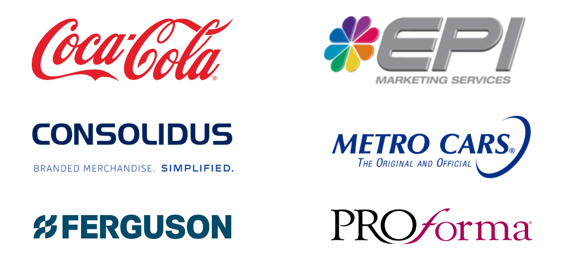 Company logos for: Coca-Cola, Consolidus, EPI Marketing Services, Ferguson, Metro Cars, and Proforma Image & Design